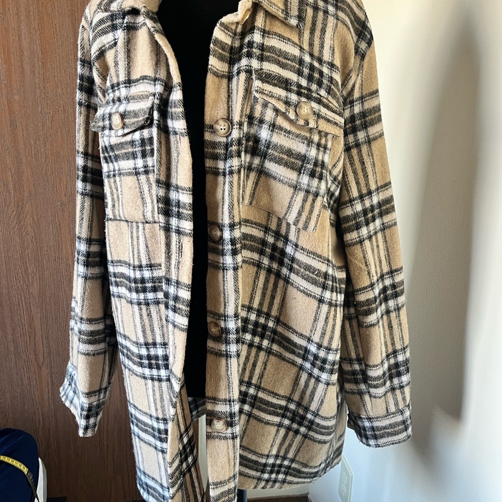 Plaid Button-Up Cardigan - Tan and Black